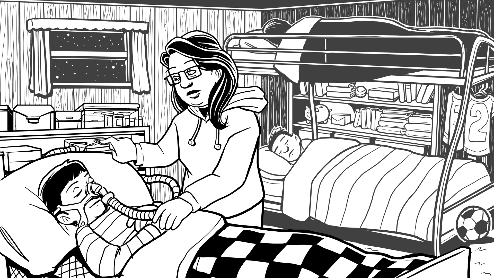 Mary adjusts Chayton's BiPAP machine while he sleeps