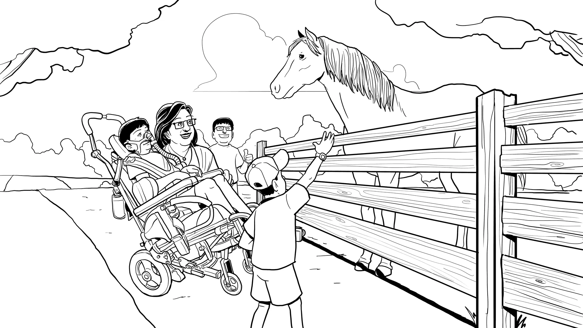 Mary, Chayton, and Chaytons's brothers outside looking at a horse