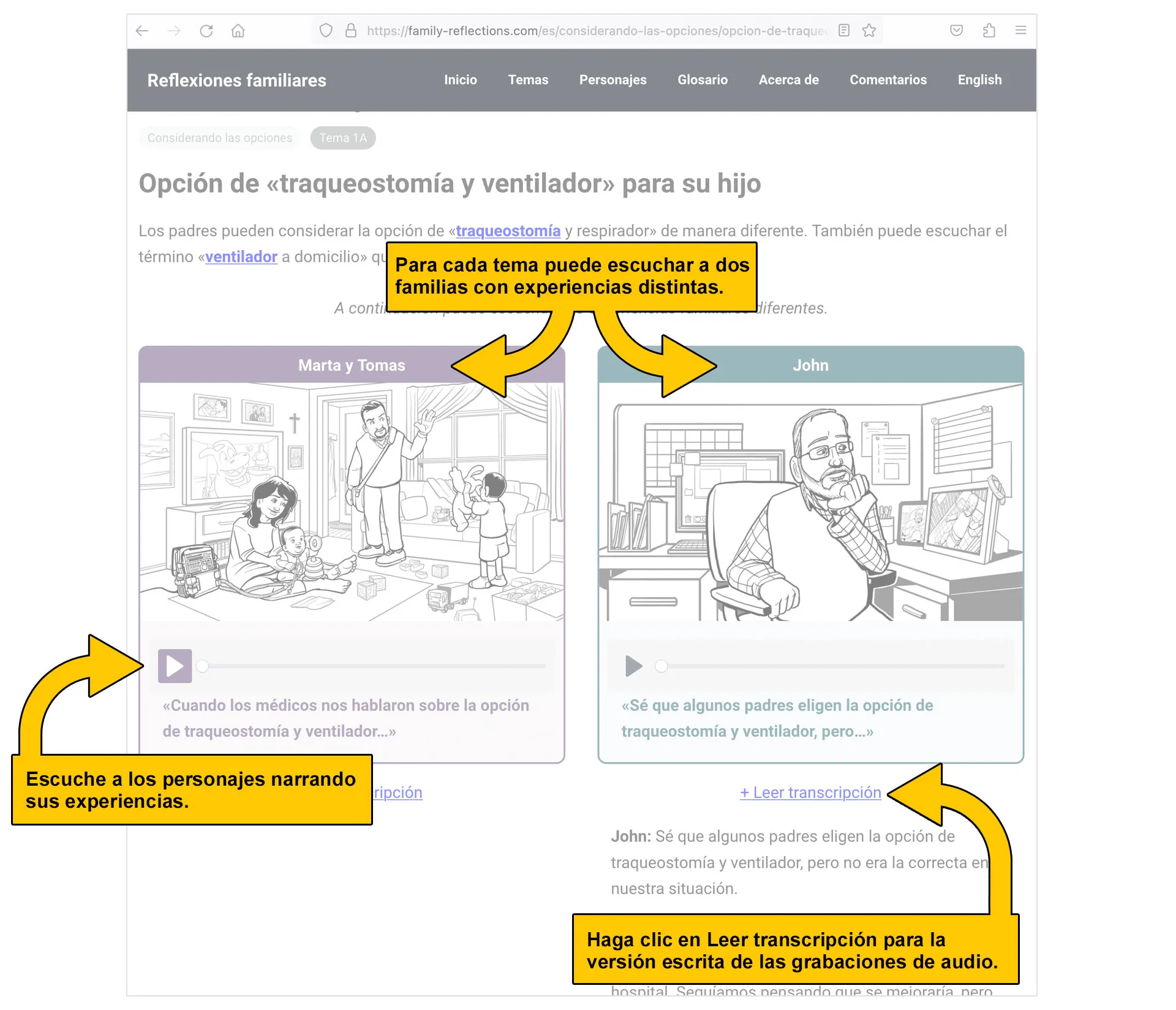 Ejemplo de cómo escuchar a las familias y ver transcripciones en el sitio web.
