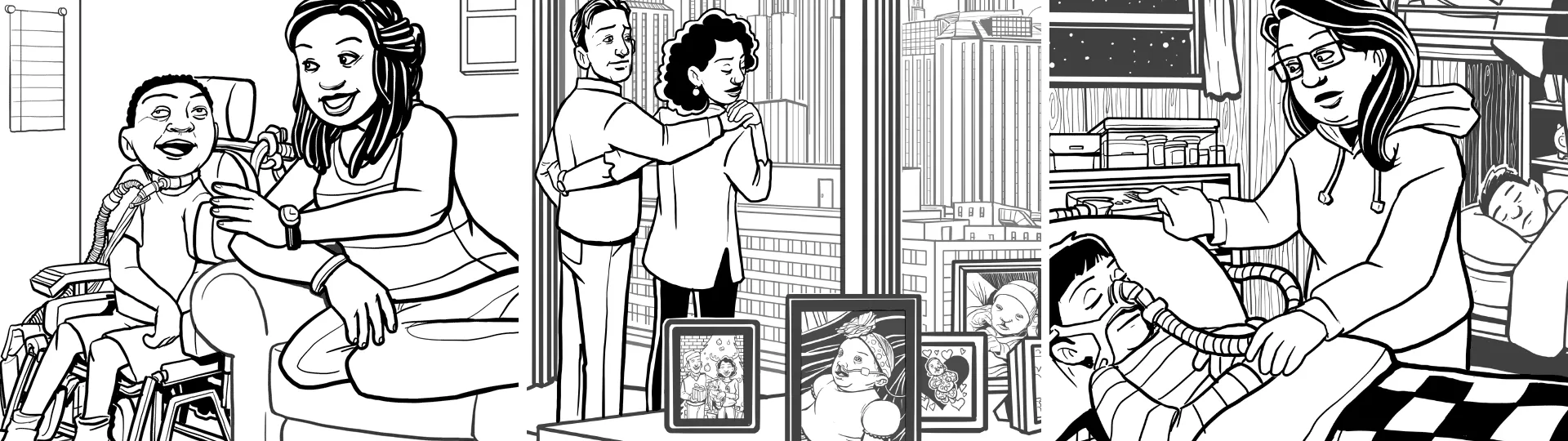 Illustration of family with medical equipment