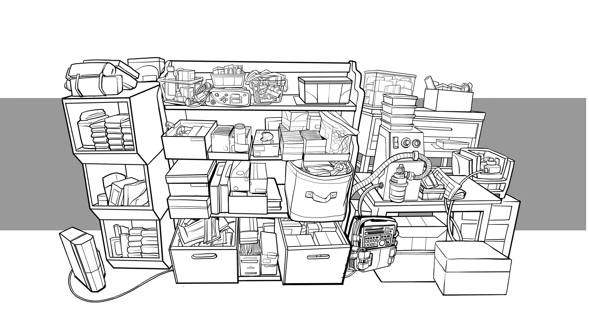 Medical supplies and equipment organized in shelves at home.