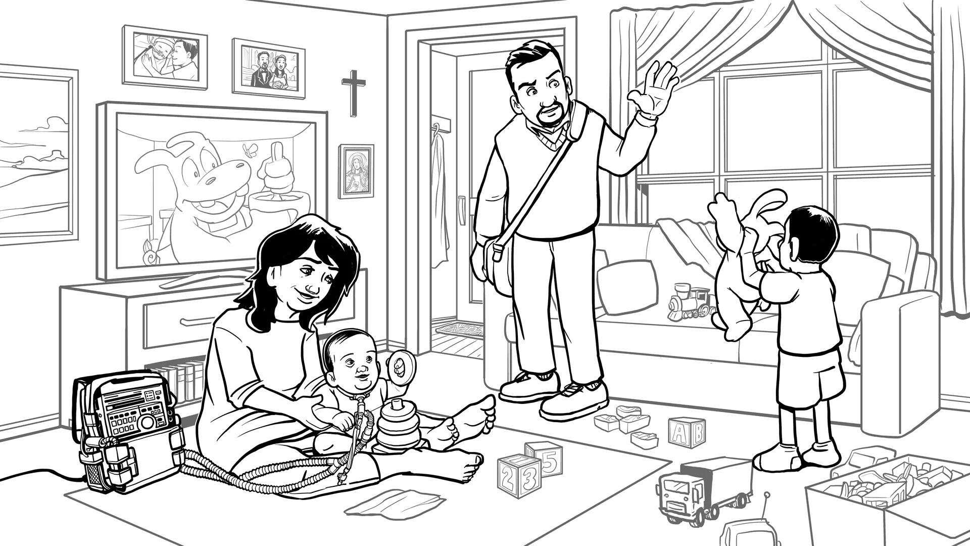 At home, Tomas waving goodbye and Marta sitting with Miguel