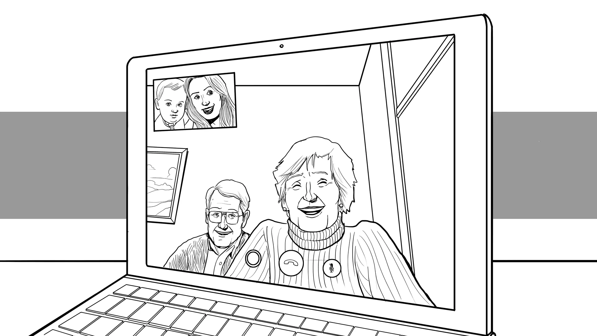 Family video call with grandparents on a laptop screen.