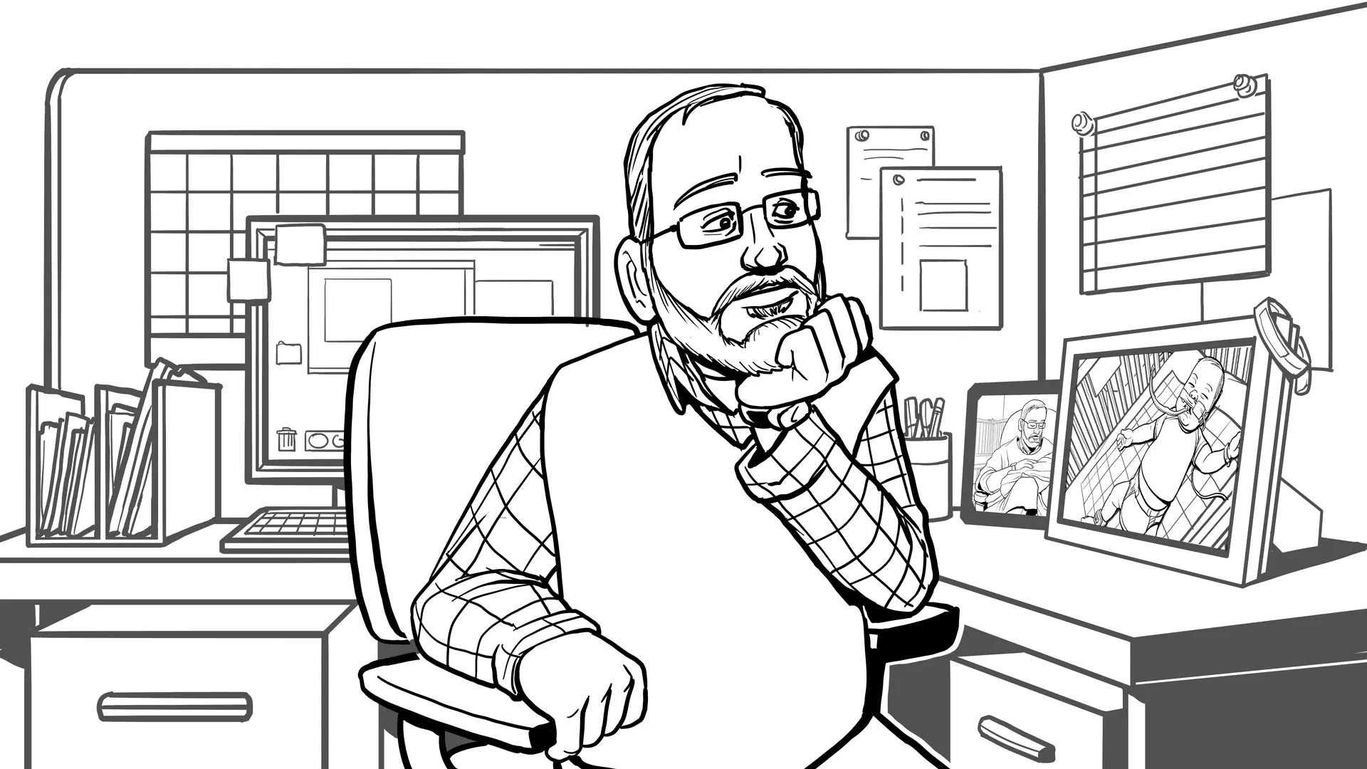 In this office, John sitting at desk thinking about Ruby.