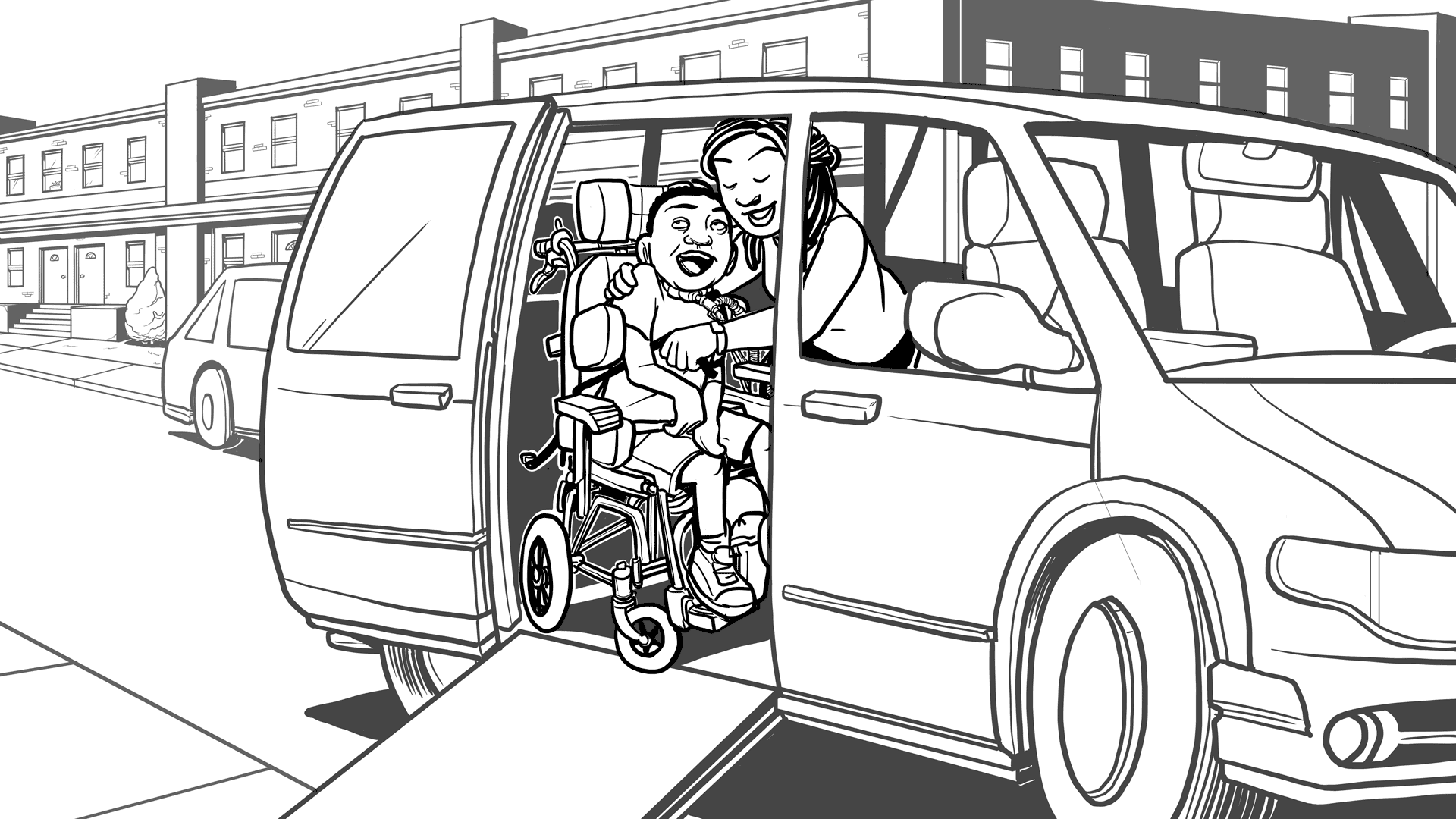 Kiana helping Devin get secured in their van. Devin is in his wheelchair and is connected to a breathing machine. 