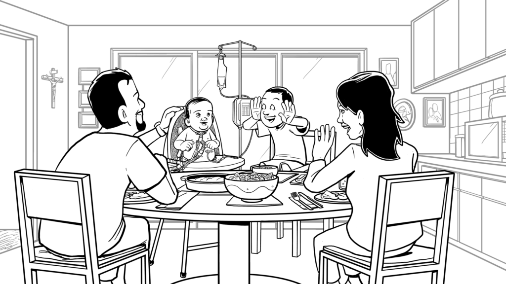 Family having dinner together. Miguel has a feeding tube and is connected to a breathing machine. 