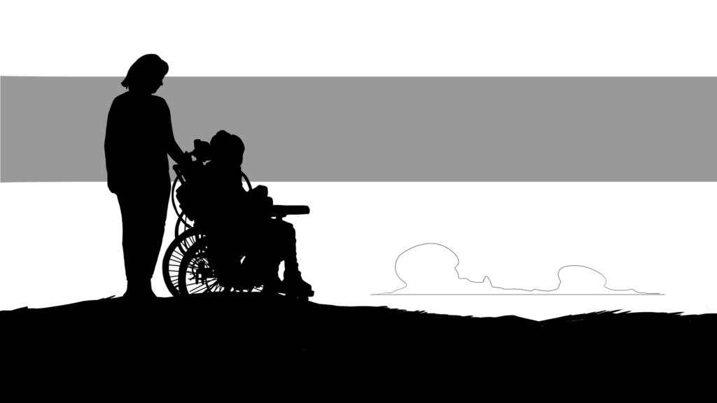 Parent standing and child in a wheelchair with a breathing tube. 